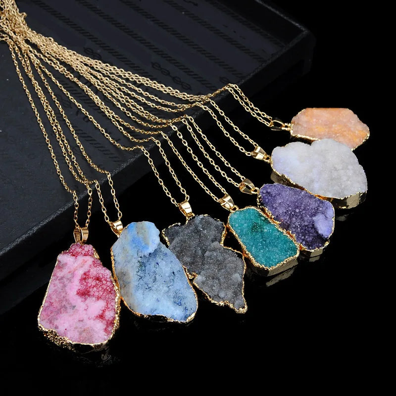 1PC Trendy Irregular Gold Plated Long Chain Original Unpolished Stone Sliced Agate Pendant Necklace Geode Agate Necklace