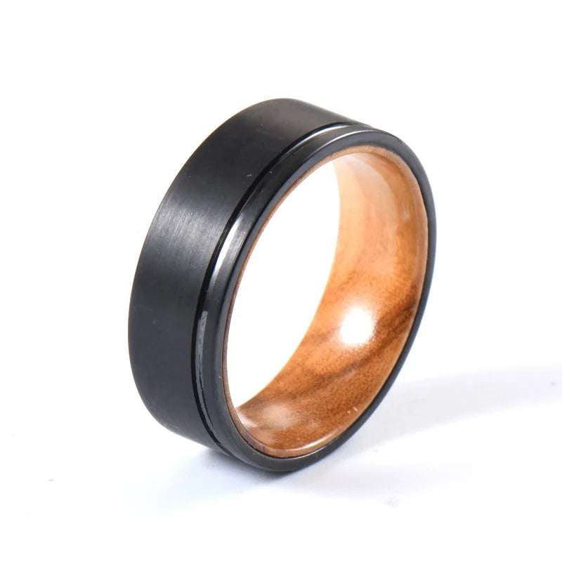 Winwin Jewelry 8mm Tungsten Natural Olive Wood Ring Third Party Certified Black Tungsten Carbide Trendy Daily Wear Wedding Ring