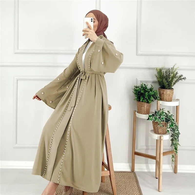Cardigan Inlaid Pearls Islamic Clothing Abaya Pakistan Front Open Kaftan Long Dress Eid Mubarak Muslim Polyester Breathable