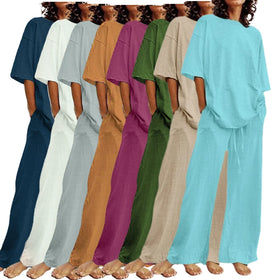 Plus Size Women's Two-Piece Casual Set T-Shirt Pants Regular Fit Solid Lace Spandex Cotton