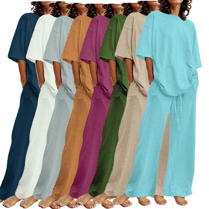 Plus Size Women's Two-Piece Casual Set T-Shirt Pants Regular Fit Solid Lace Spandex Cotton