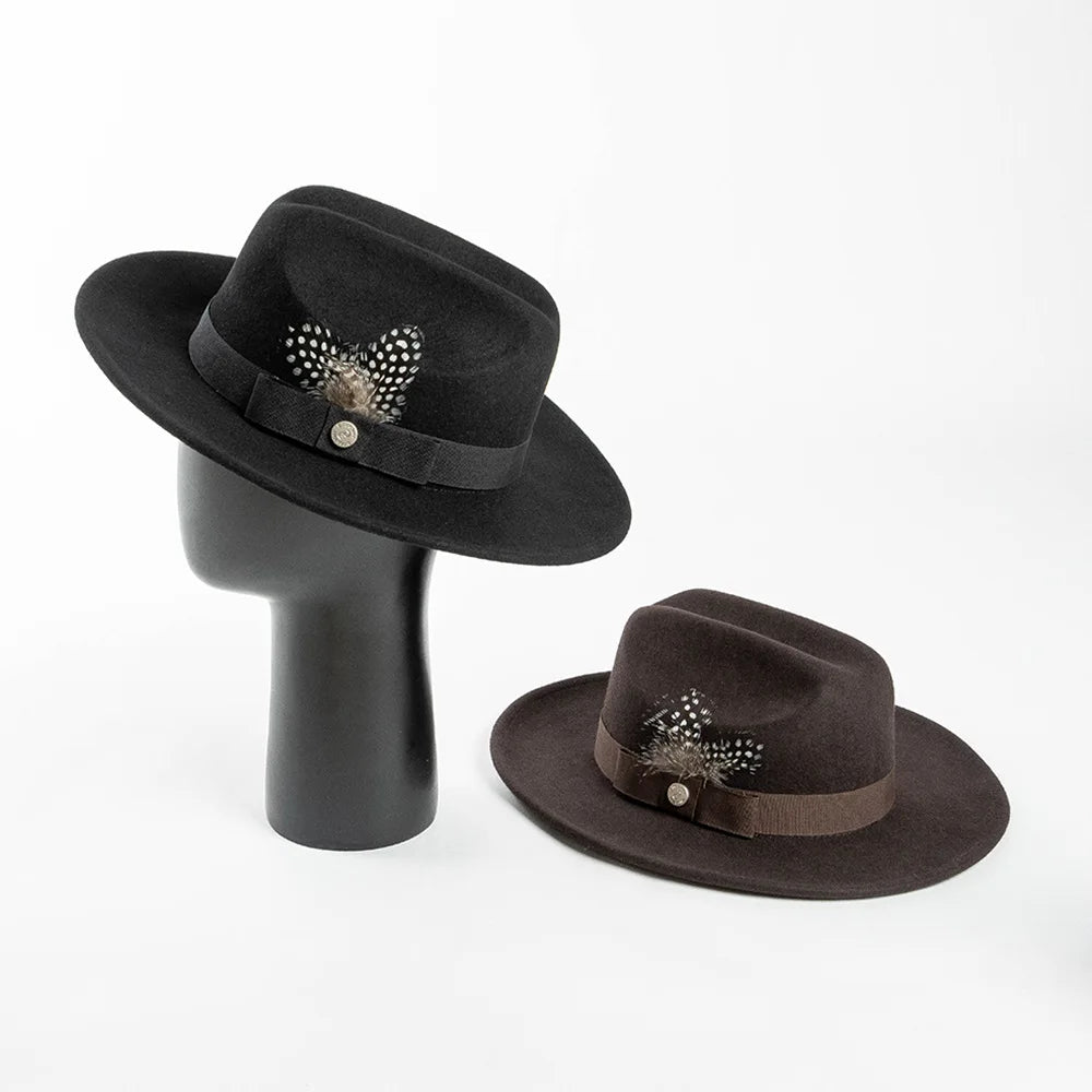 2024 New Autumn Winter New Fashion Casual Men Concave Shape Warm 100% Wool Felt Cowboy Crown Shape Fedora Hats With Feather