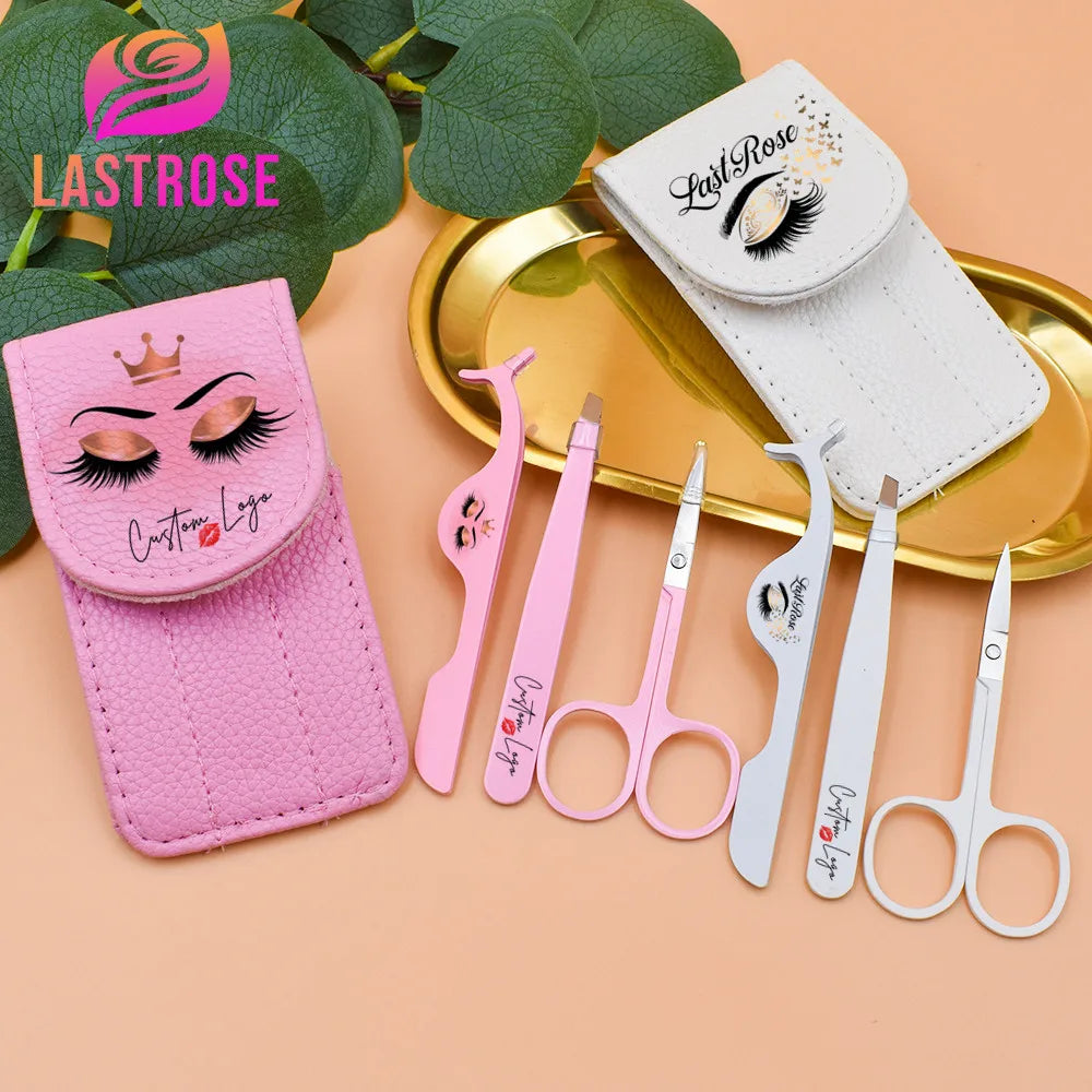 Private Label Beauty Tools Set Stainless Steel Eyelash and Eyebrow Tweezers Scissors with Custom Logo Print