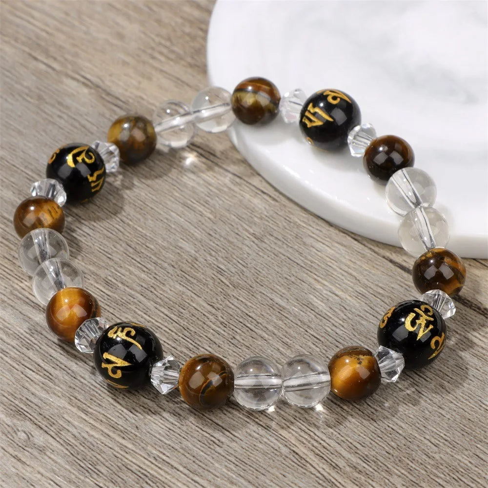 Fashion Cool Natural Healing Crystal Clear Quartz Tiger Eye Six-word Mantra Bead Bracelet for Men