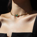 New Non Tarnish Jewelry 18K Gold Cuban Chain Stainless Steel Necklace Waterproof Green Butterfly Charm Necklace for Women Girls