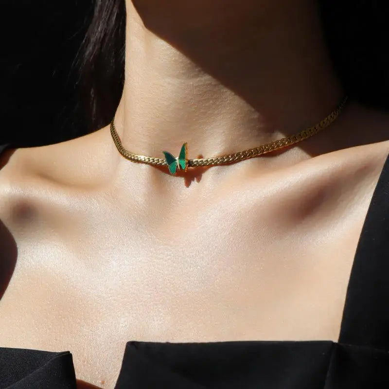 New Non Tarnish Jewelry 18K Gold Cuban Chain Stainless Steel Necklace Waterproof Green Butterfly Charm Necklace for Women Girls