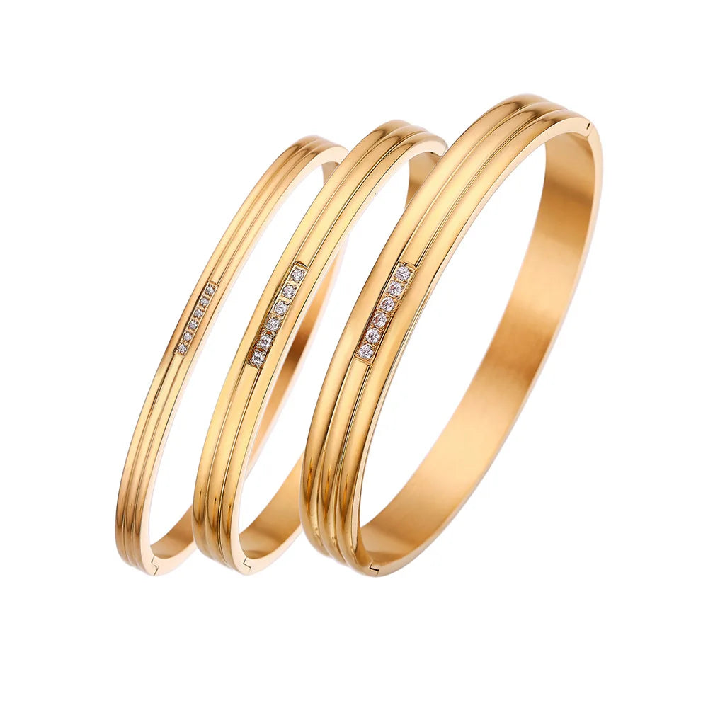 Waterproof Stainless Steel Gold Plating Cubic Zirconia Bangles Fashion Striped Cuff Bangles Women Jewelry Accessories