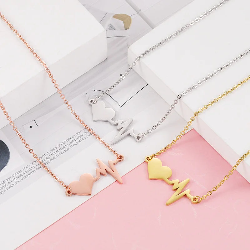 2023 New Design Couple Personality Necklace Stainless Steel Love EKG Laser Engraving Pendant Necklace Gift for Girlfriend