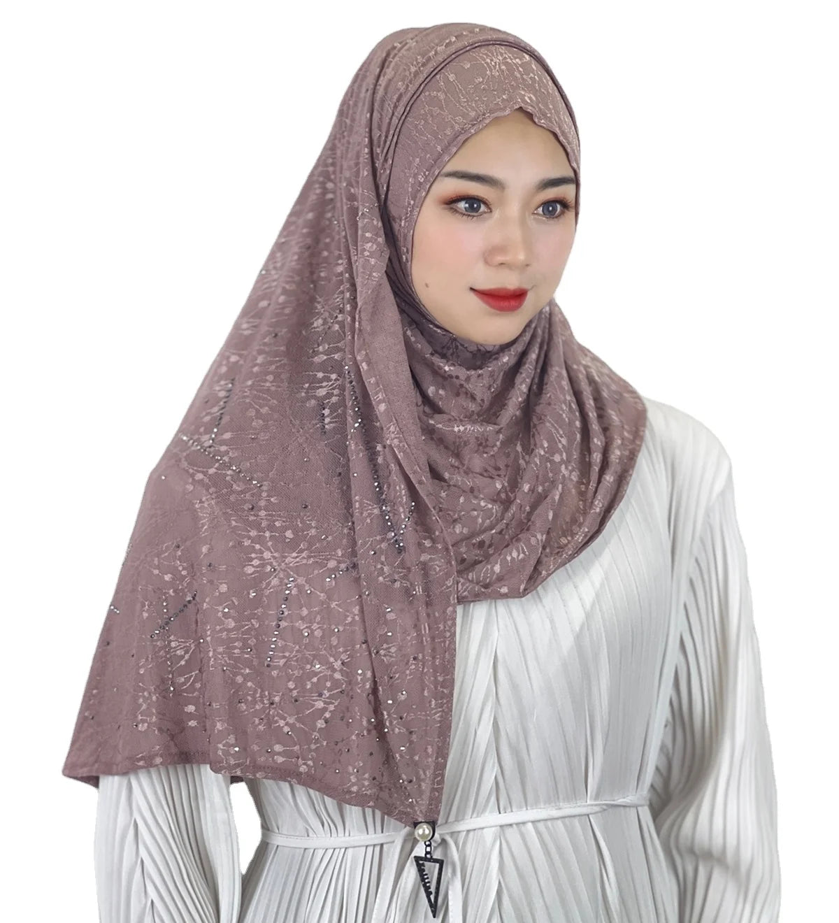 Malaysia Smooth Soft Shinny Sequin Crystal Scarves Pearls Solid Color Veil Muslim Women Premium Chiffon Hijab With Jewelry