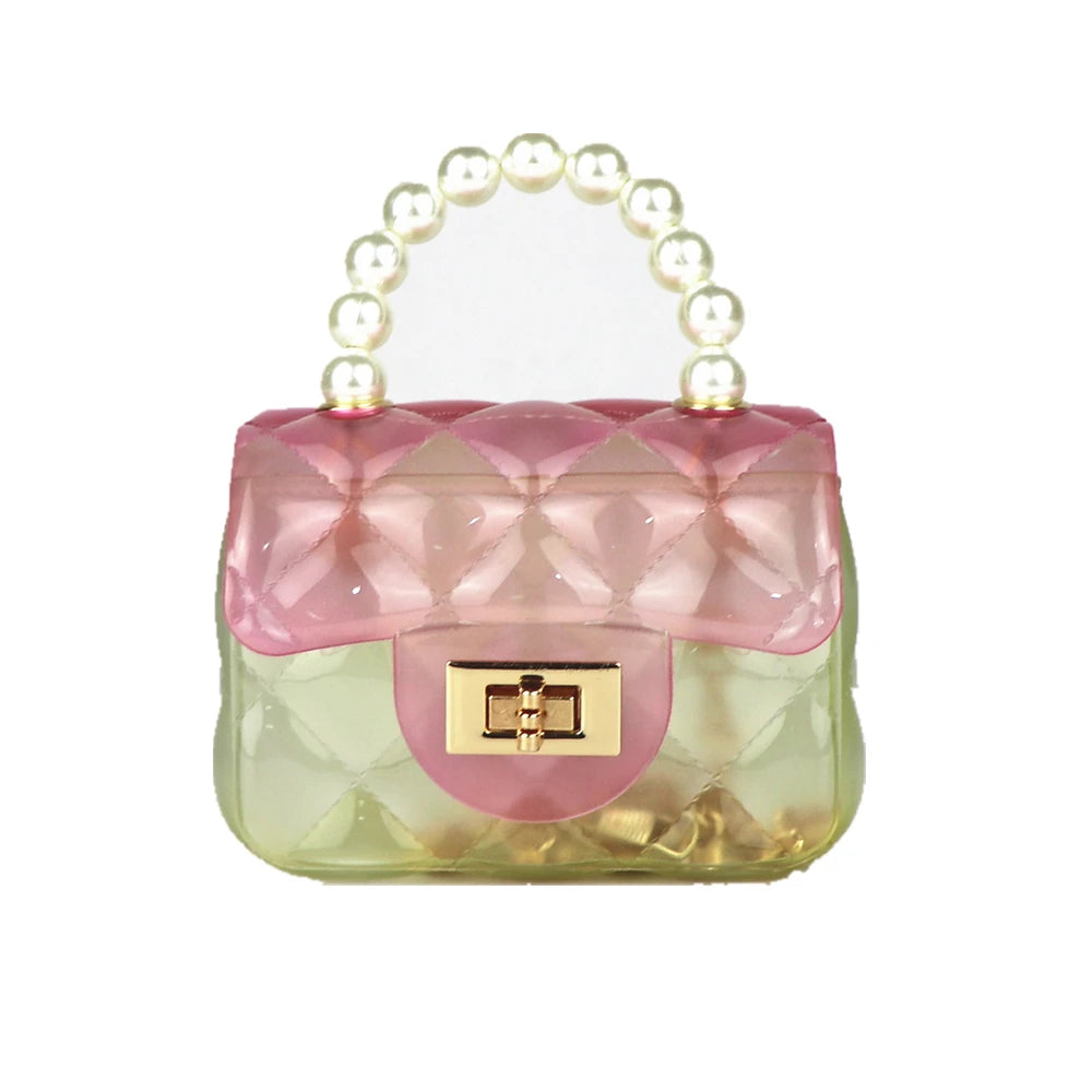 Wholesale New Design Trendy Pearl Handle Little Girl rainbow Pvc Small Jelly Bag Kids Purses and Handbags Cute Mini Purses