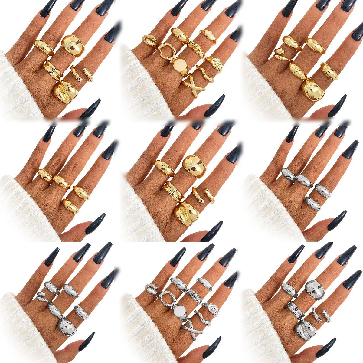 Hot Sell  Chunky Punk Gold Plated Geometric Open Finger Rings Set for Women Jewelry Party Gift Exaggerated Hip-Hop Accessories