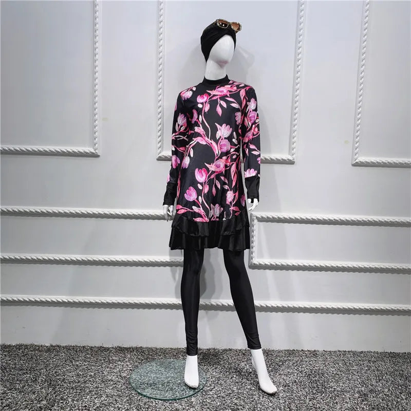 3-piece Casual Long-sleeved Plain Muslim Swimwear and Beachwear Islam Moderate Swimwear Burqa & Bikini