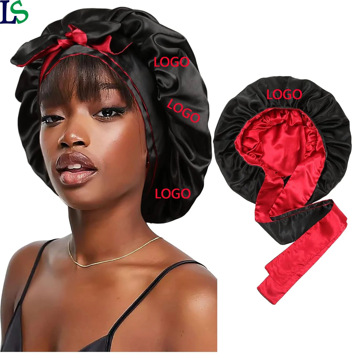 Custom Logo Double Layer Hair Wraps Sleep Cap Bags Satin Bonnets with Drawstring for Kids and Adults