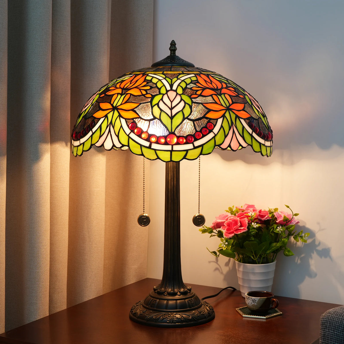 Luxury Tiffany Orange Lotus Stained Glass Table Lamp 16\" European Desk Bedside Light for Bedroom Reading Sitting Living Room