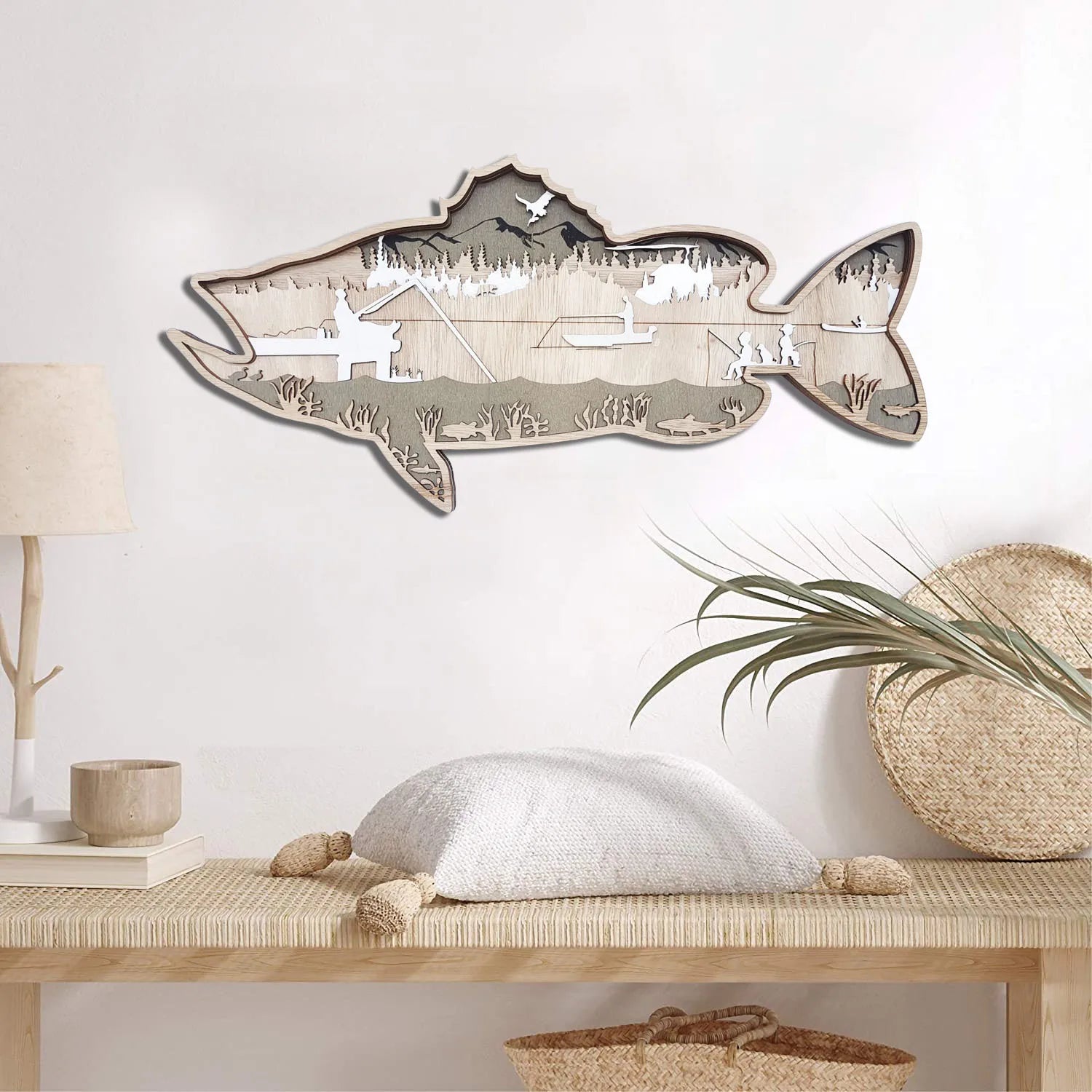 Wall Hanging Multi-layer Plywood Engraved Sea Bass Animal Ornament Natural Wood Color Nana Brand for Home Decoration