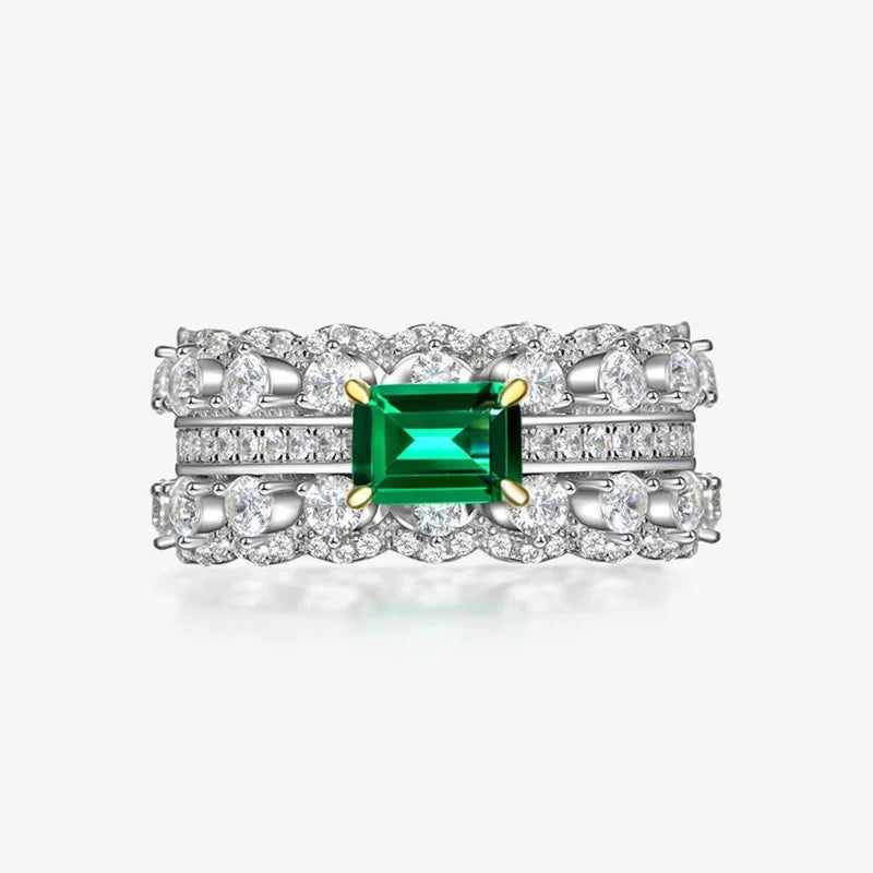 Huitan 2026 Fine Jewelry Noble Density Diamond Inlaid Luxury Emerald Geometric Eternal Double Row Full Zircon Ring Female