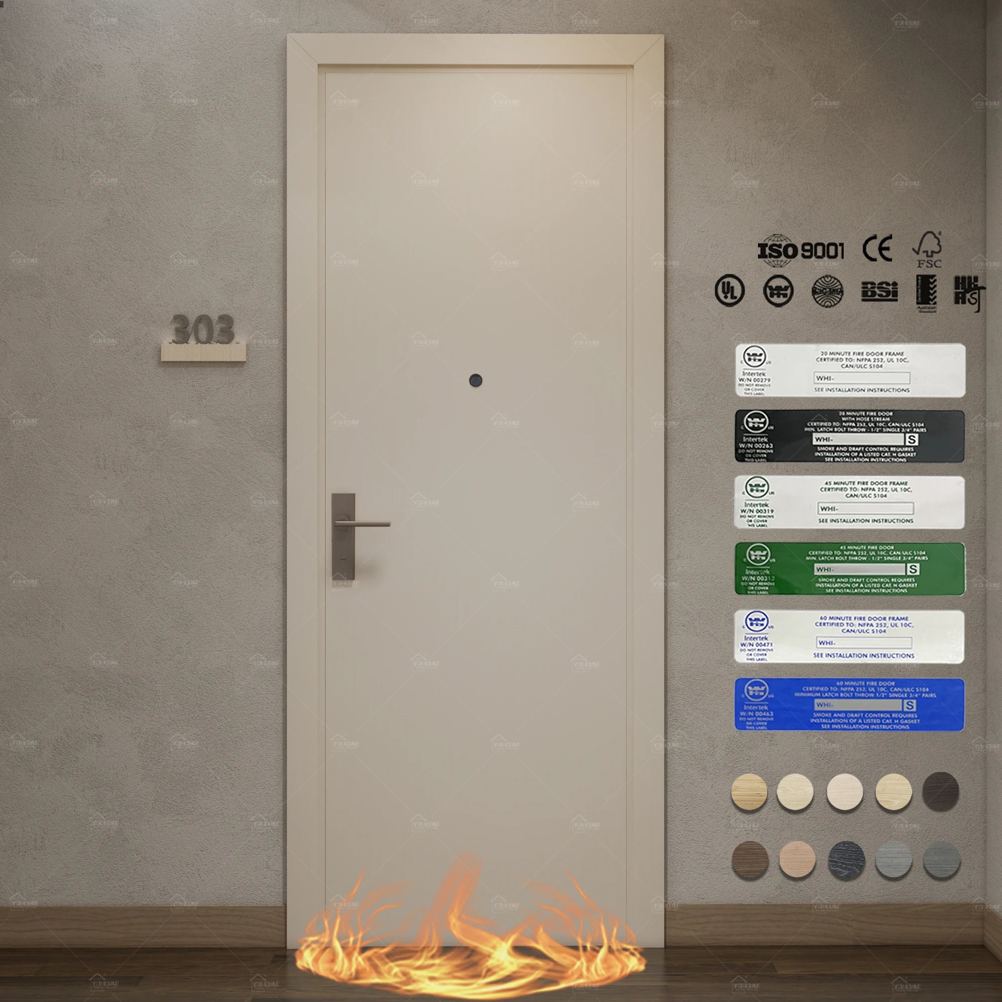 Fire Door EN Certified Modern Simple Soundproof Wooden Fireproof Door Villa Residential Hotel Apartment Interior Fire Rated Door