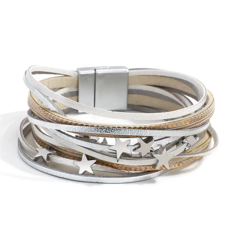 Handmade Star Leather Wrap Bracelet for Women Multilayer Star shaped Metal Charm Cuff Bangles Jewelry Gift