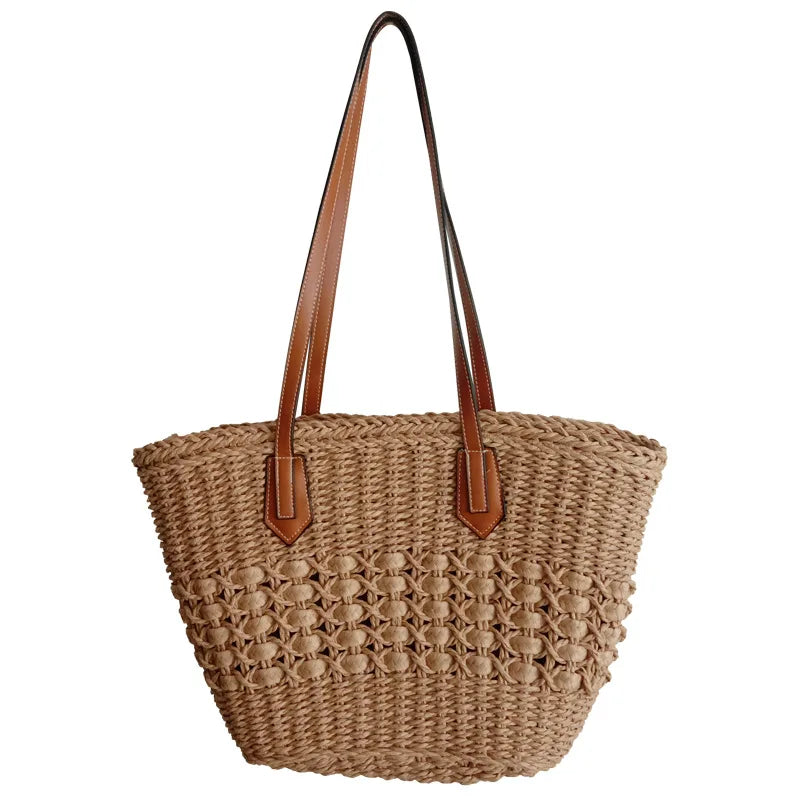 Women's Casual Straw Tote Handbag with Large Capacity Open Closure Two Shoulder Straps Wholesale for Beach Use