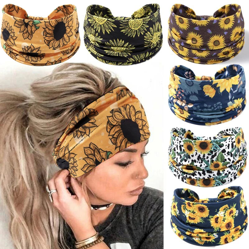 Large African Boho Turban Sport Yoga Elastic Twist Knotted Thick Wide Floral Flower Sunflower Headband