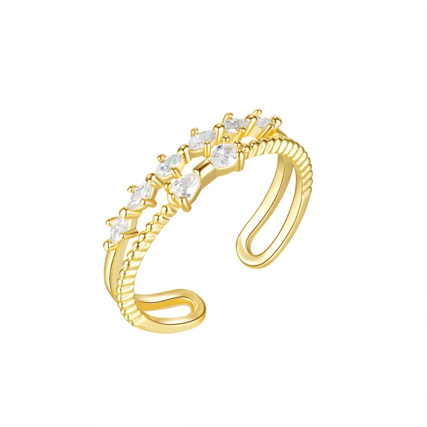 Wholesale Fashionable Jewelry Ins Fashion 18K Gold Plated Double Layered Zircon Finger Ring Oval Round Crystal Opening Ring