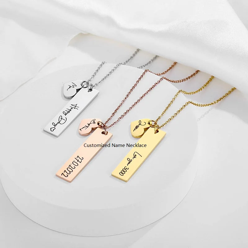 Stainless Steel Rose Gold Bar Necklace Names Engraved Heart Pendant Anniversary Best Friend Gifts Personalized Choker for Women