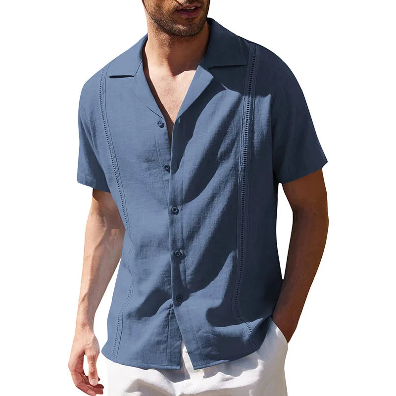RNSHANGER Summer Men Loose Shirts Fashion Short Sleeve Solid Color Beach Shirts Breathable Turn-Down Collar Male Shirts