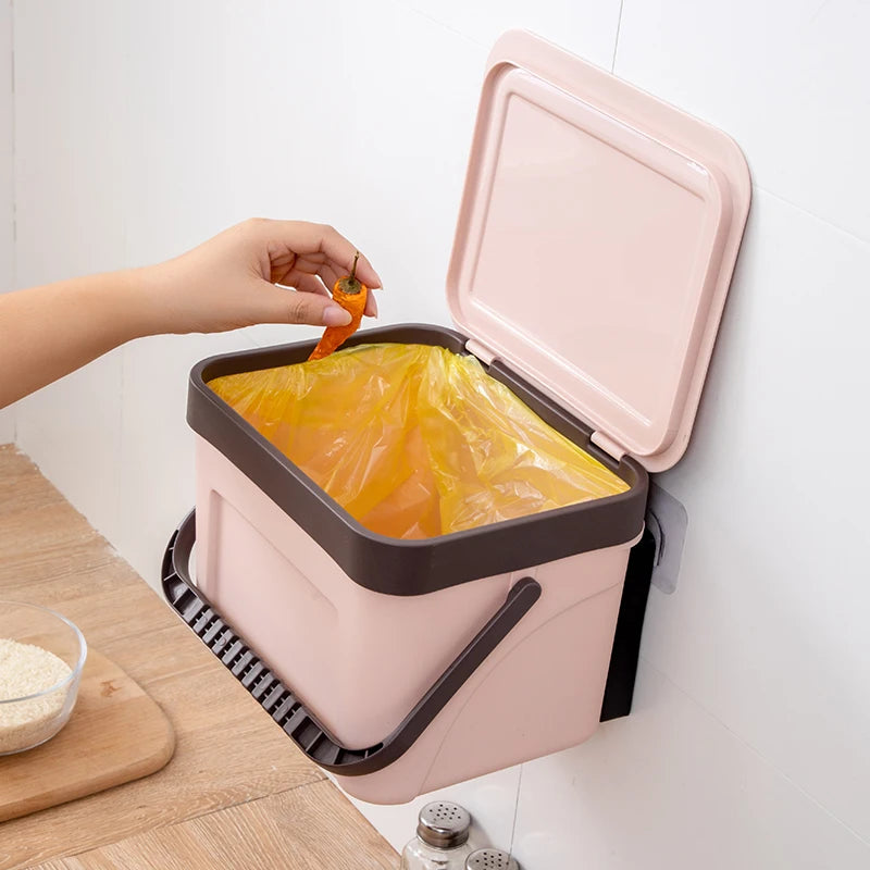 Wall-Mounted Household Plastic Waste Bin Trash Can with Cover and Handle Conveniently Stored Bin for Garbage