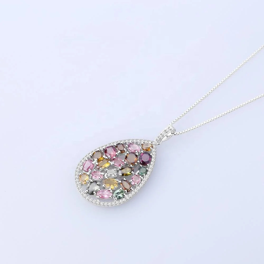 Abiding Factory Jewelry Accessory Natural Tourmaline Gemstone 925 Sterling Silver Pendant Custom Waterdrop Shape Pendant Charm