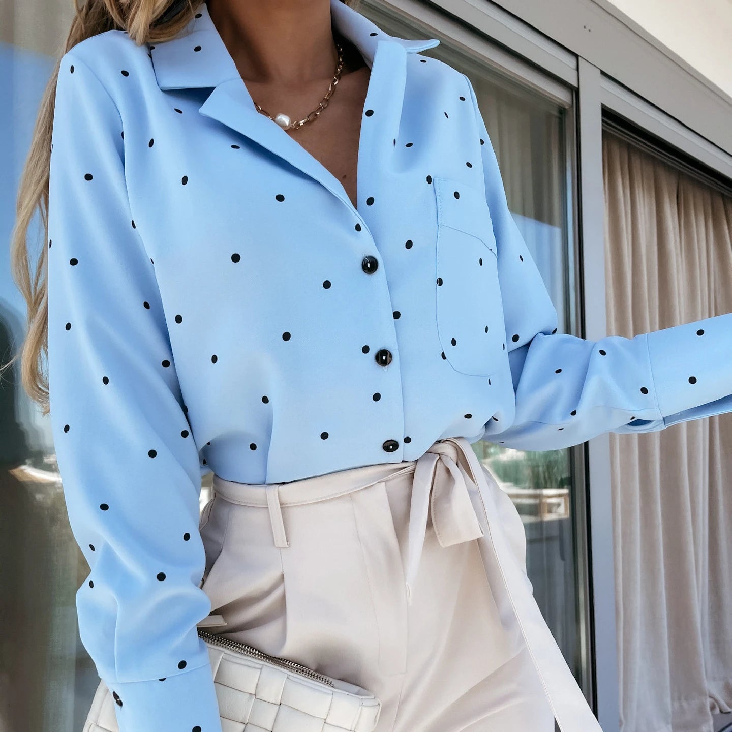 Pocket Long Sleeve Turn Down Collar Women Blouse Office Lady  Dot Cotton Casual Shirts _ New Spring