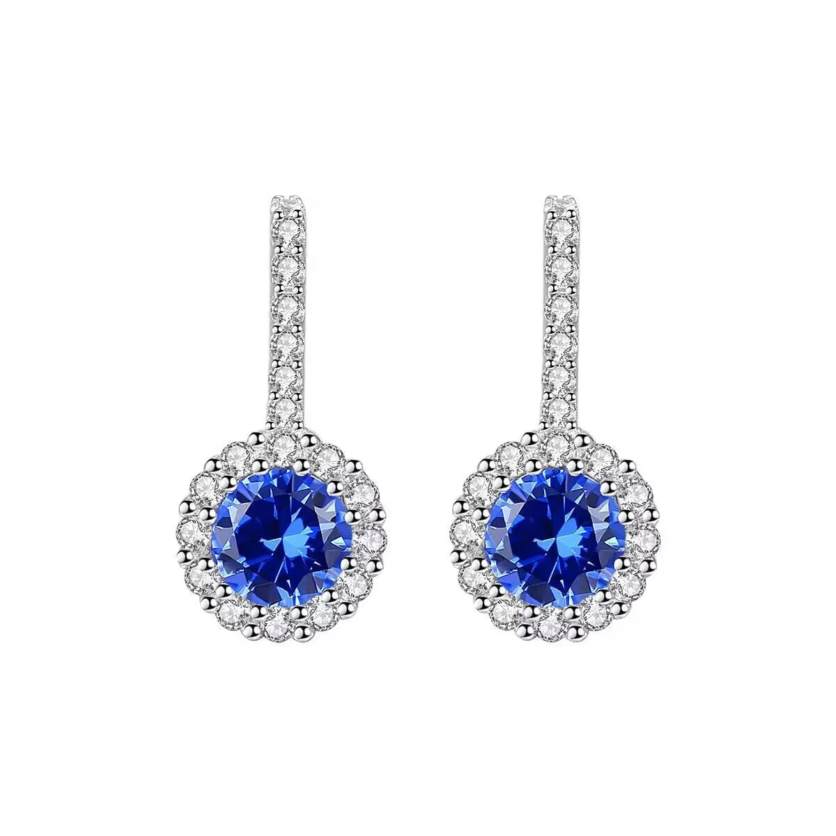 Fashion Jewelry 925 Sterling Silver Round Cut Blue Gemstone Hypoallergenic Pendant Earrings Halo for Women Girls Birthday Gifts