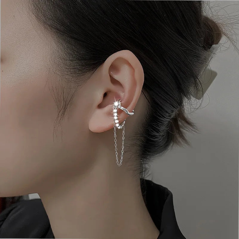 Micro-inlay Zircon Earring Double Chain Pierced Earring for Women Multi-layer Tassel Personality Streamer Ear Bone Clip Ear Clip