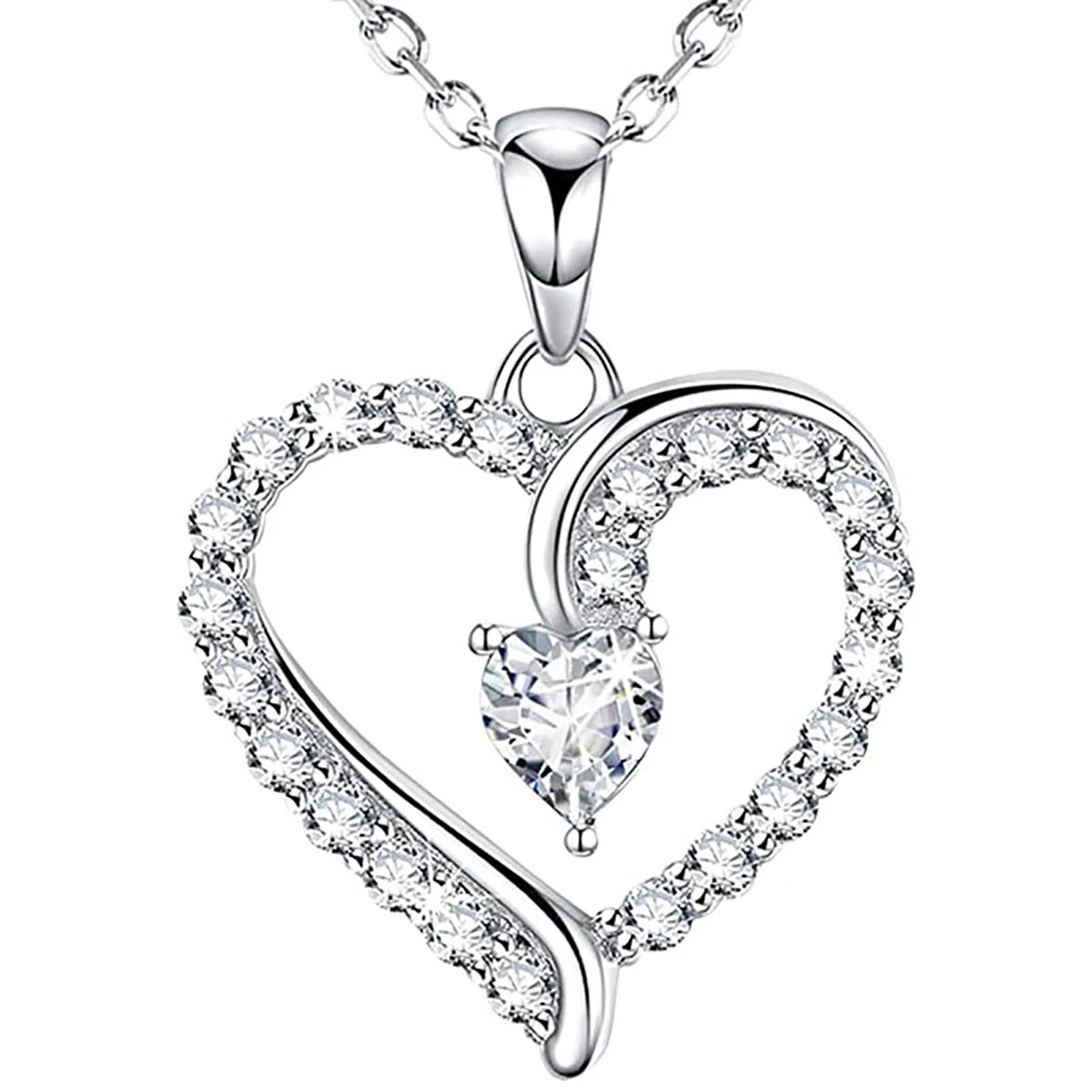 Huitan Valentine's Day Gift Classic Sparkling Heart Crystal Cubic Zirconia Necklace for Women Wedding Silver Plated CZ Necklaces