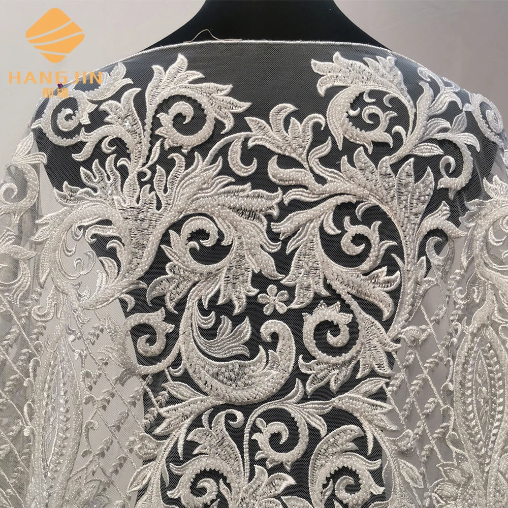 Handmade White Wedding Lace Fabric 3d Beaded Bridal Lace Embroidered Lace Fabric