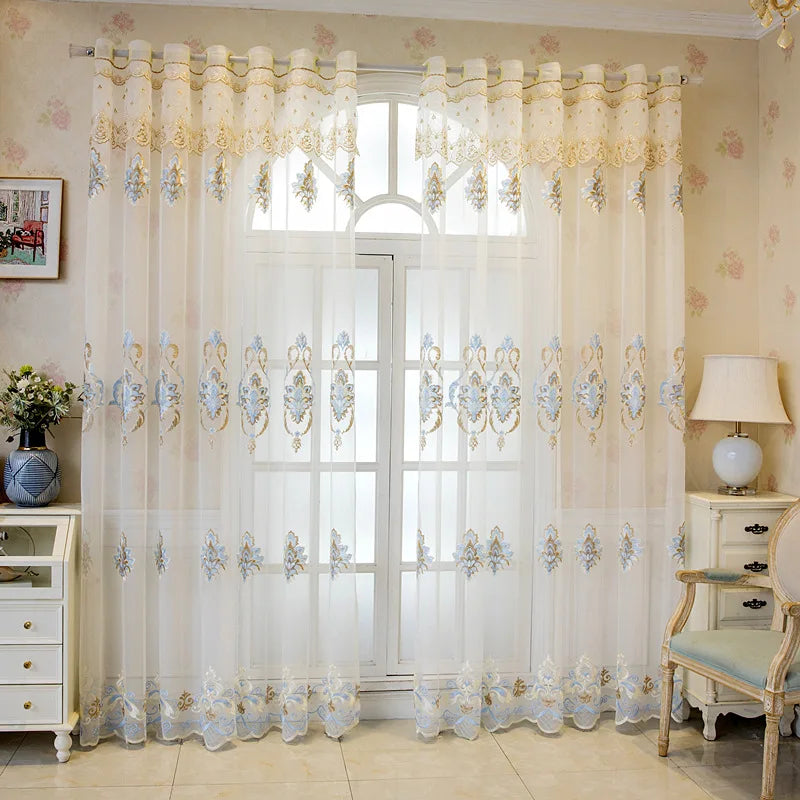 Hot Selling Embroidery Sheer Curtain Transparent Window Tulle Voile Living Room Drapes With Lace Valance
