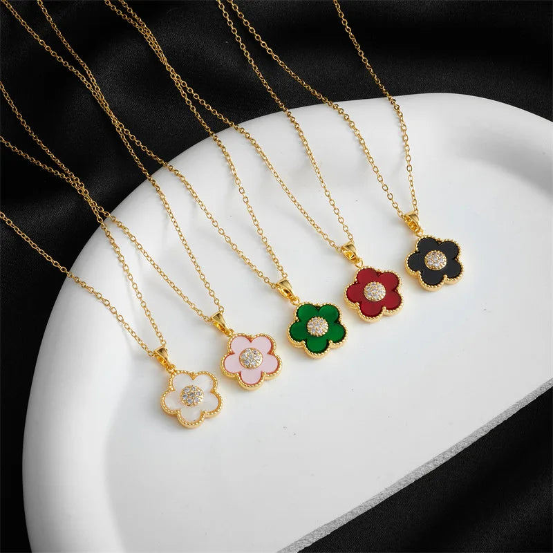 Exquisite Stainless Steel Five Clover Necklace Gold Plated Women Enamel Flower Pink Green Red Charm Link Chain Necklaces Jewelry