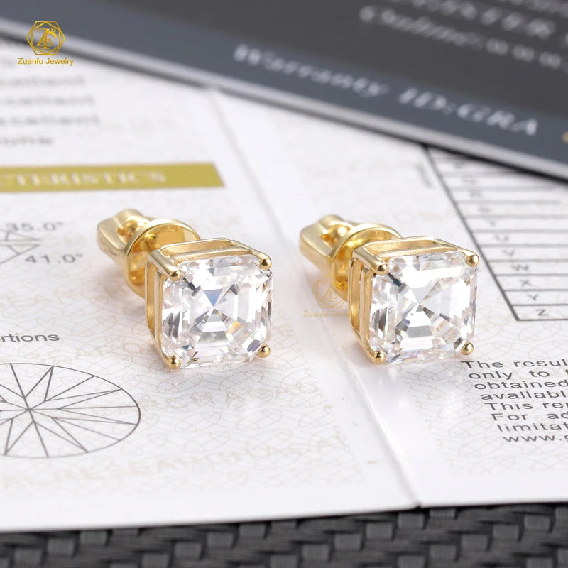14k  Solid Gold Stud Earrings  Asscher Moissanite D VVS1 Pass Diamond Tester with GRA Push Back Earrings