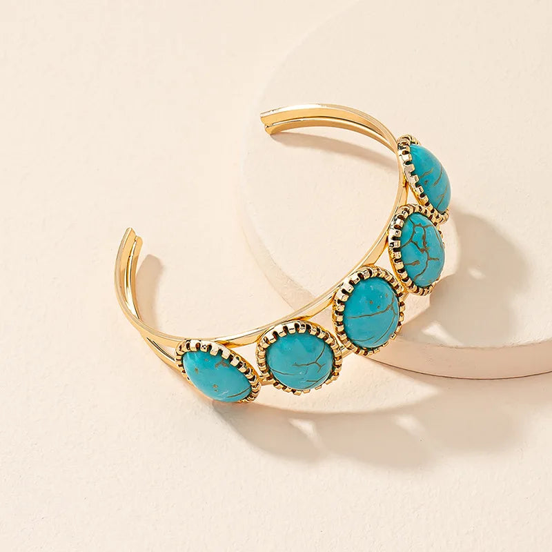 New Design Retro Wide Multi Turquoise Alloy Open Bracelet Girls Fancy Bangles Plastic Gold Plated