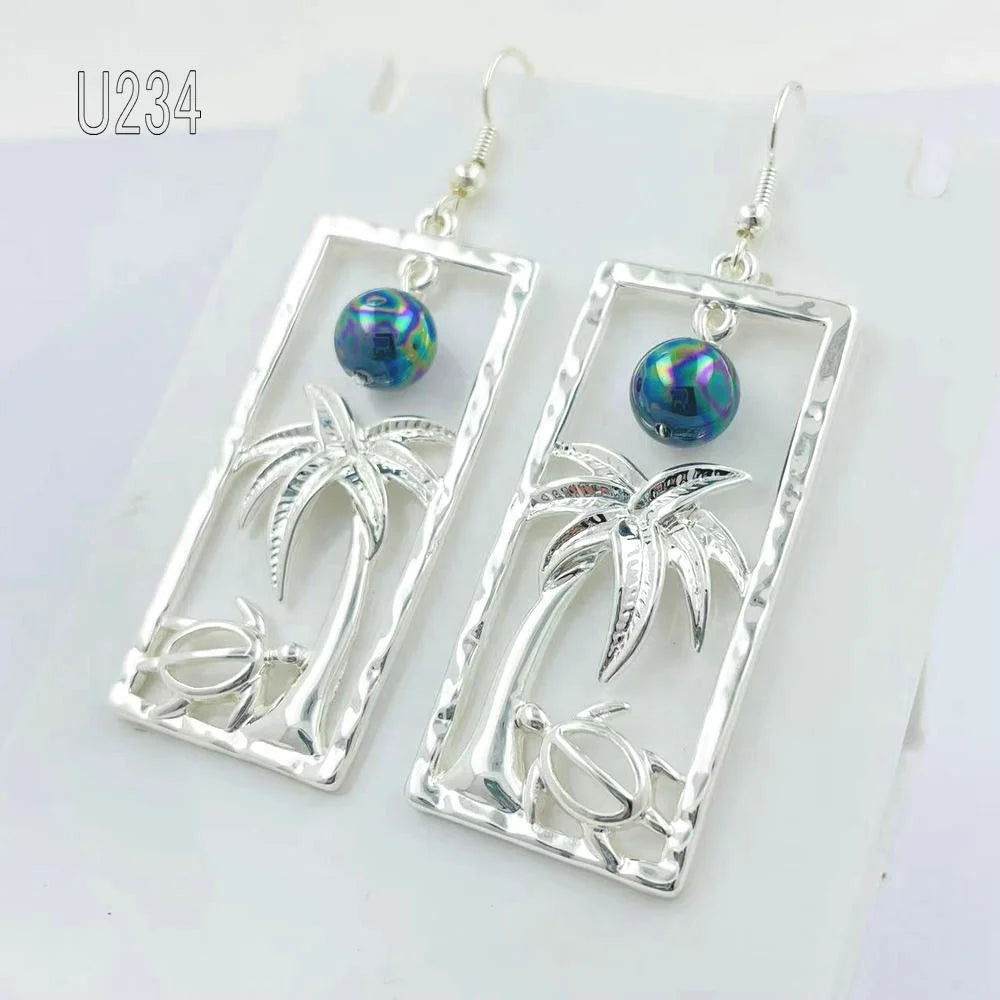 U234 palm tree turtle square earring islander tropical jewelry with shell pearl gold silver all available read to ship