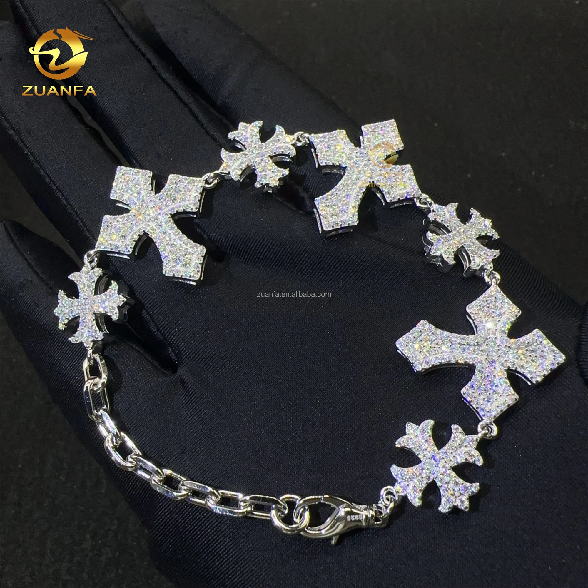 In Stock Fashion Jewelry  925 Solid Silver White Iced Out Hip Hop VVS Moissanite Diamond Cross Pendant Cuban Bracelet Men