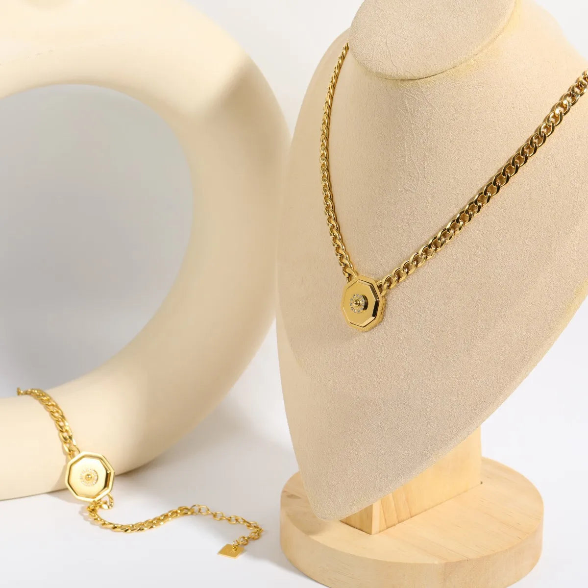 18K Gold Plating Stainless Steel Octagon Pendant Link Chain Necklace Bracelet for Women Zircon Insert Non Tarnished Jewelry