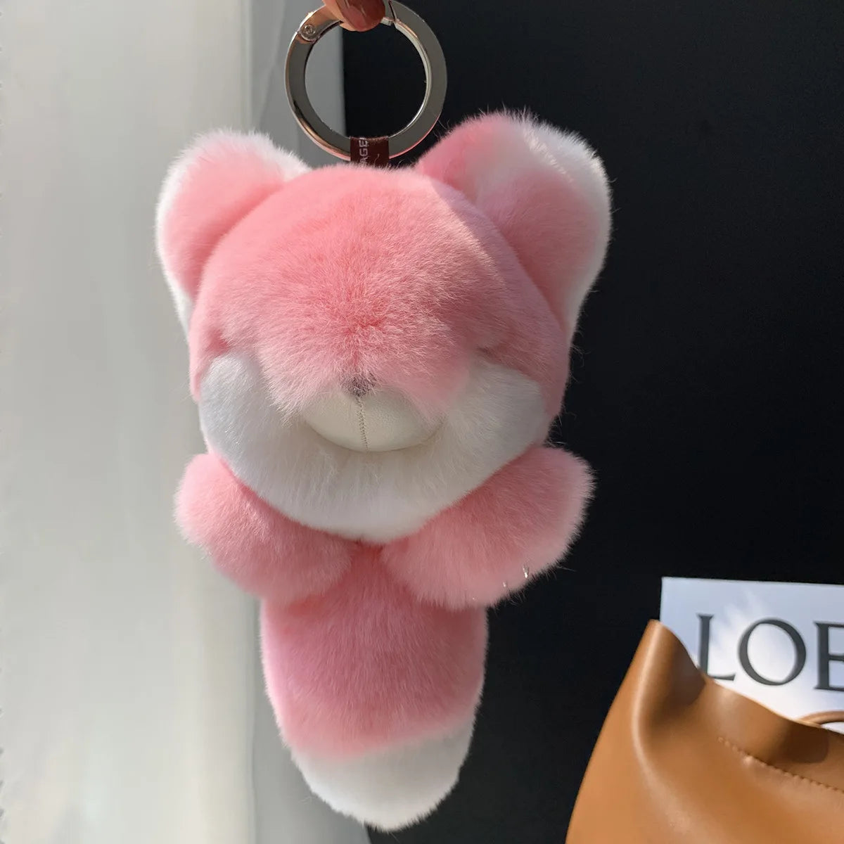 New Lovely Real Rex Rabbit Fur Plush Keychain Custom Soft Fluffy Animal Toys Bag Pendant Girls' Cute Big Size Fox Shape Keyring