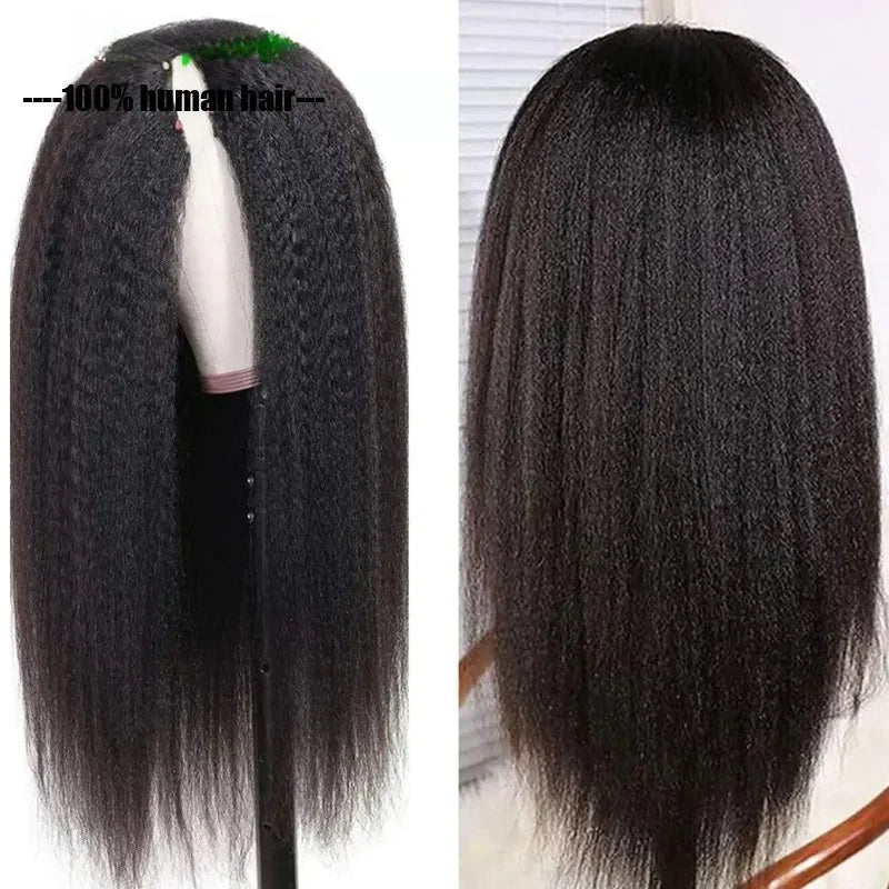Kinky Straight U Part Glueless 360-Degree Transparent Lace Front 12A Grade Baby Hair Remy Brazilian Human Hair Natural Black Wig