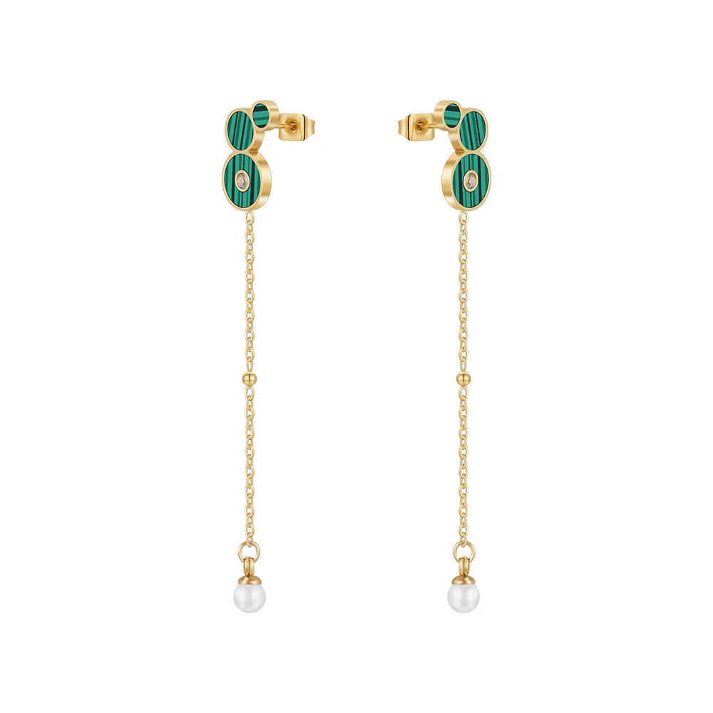 Original Design 18K Gold Plated Stainless Steel Jewelry Round Green Stone Zircon Pearl for Woman Gift Earrings E231475