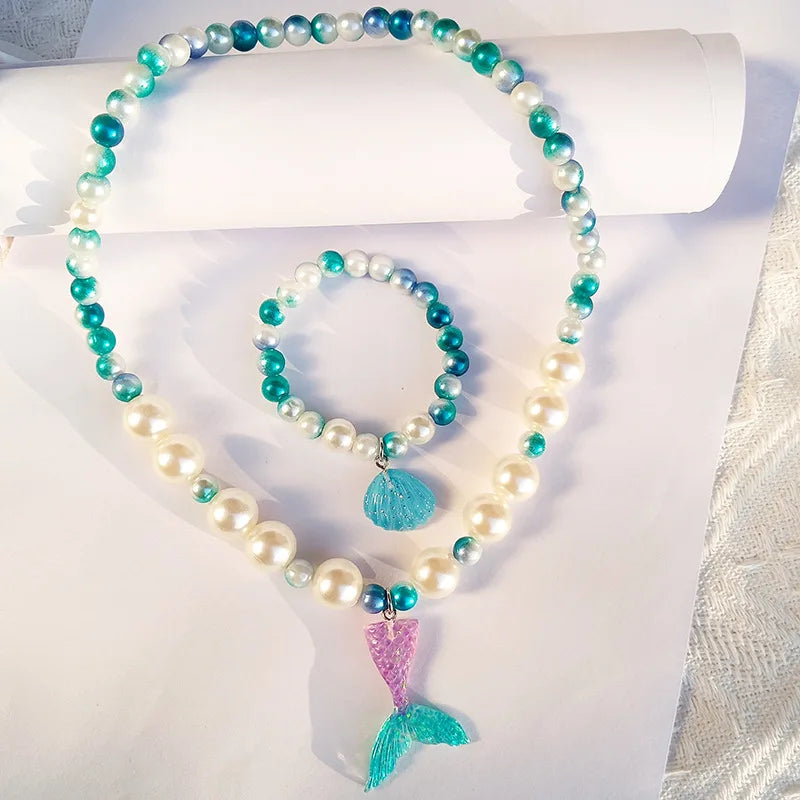 Hot Sale Children's Fashion Jewelry Set-Colorful Fishtail Bracelet and Shell Pearl Mermaid Necklace Set