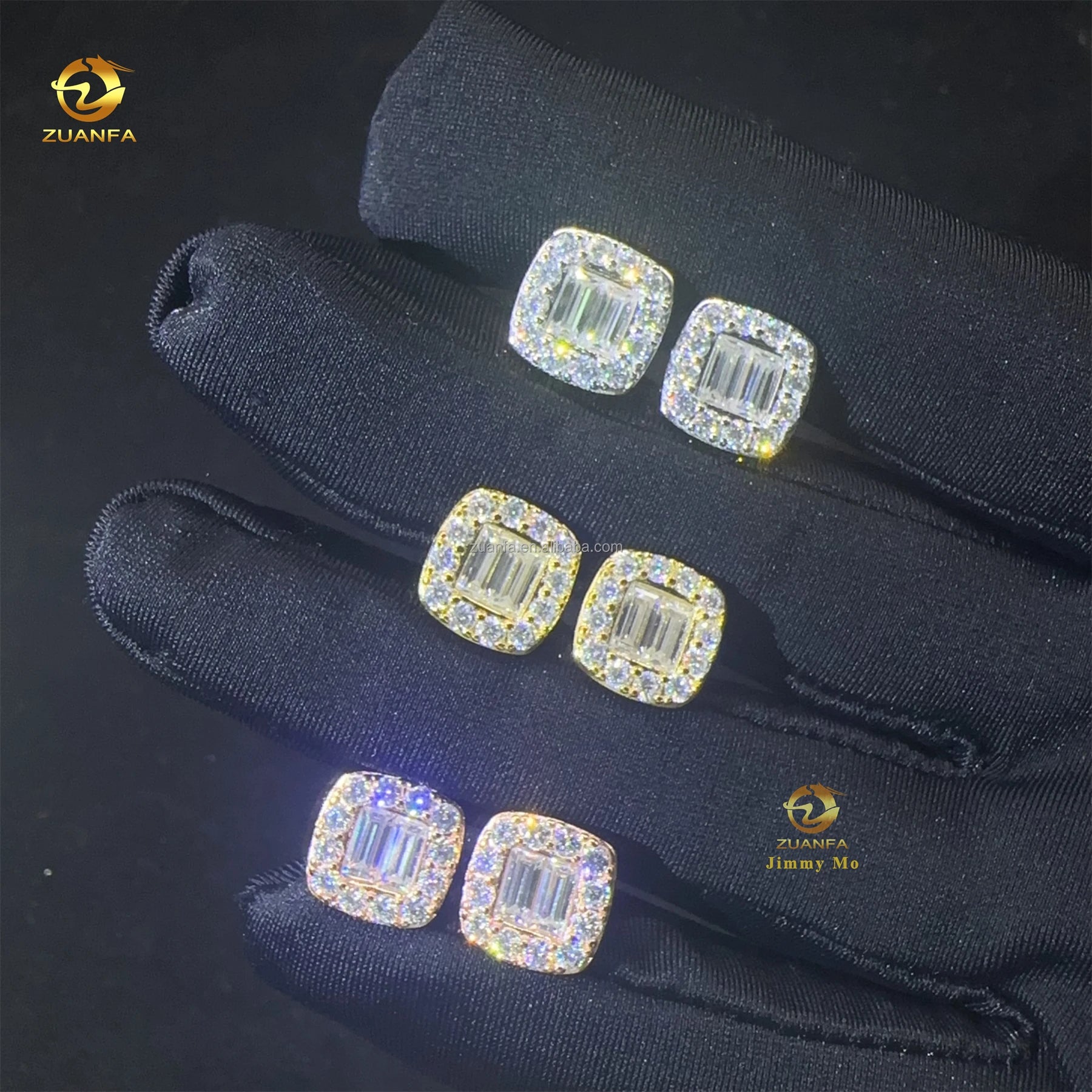 New Arrivals Bulk Stock Iced Out Man Stud Earrings Baguette Moissanite Diamond Screw Back Setting Hip Hop Stud Earring 925