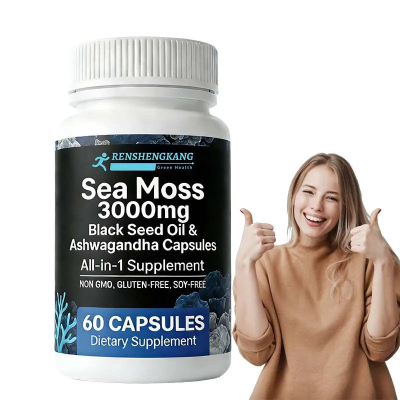 OEM ODM Wholesale Ashwagandha Capsules 3000mg Sea Moss Black Seed Oil Bladderwrack Burdock Vitamin Elderberry Supplement Adults