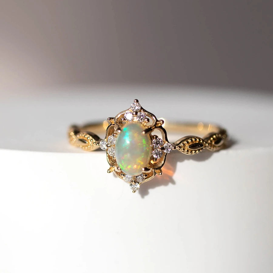 Dainty 925 Sterling Silver Dainty Synthesis Opal Engagement Rings 18k Gold Plated Opal Stone Wedding Ring