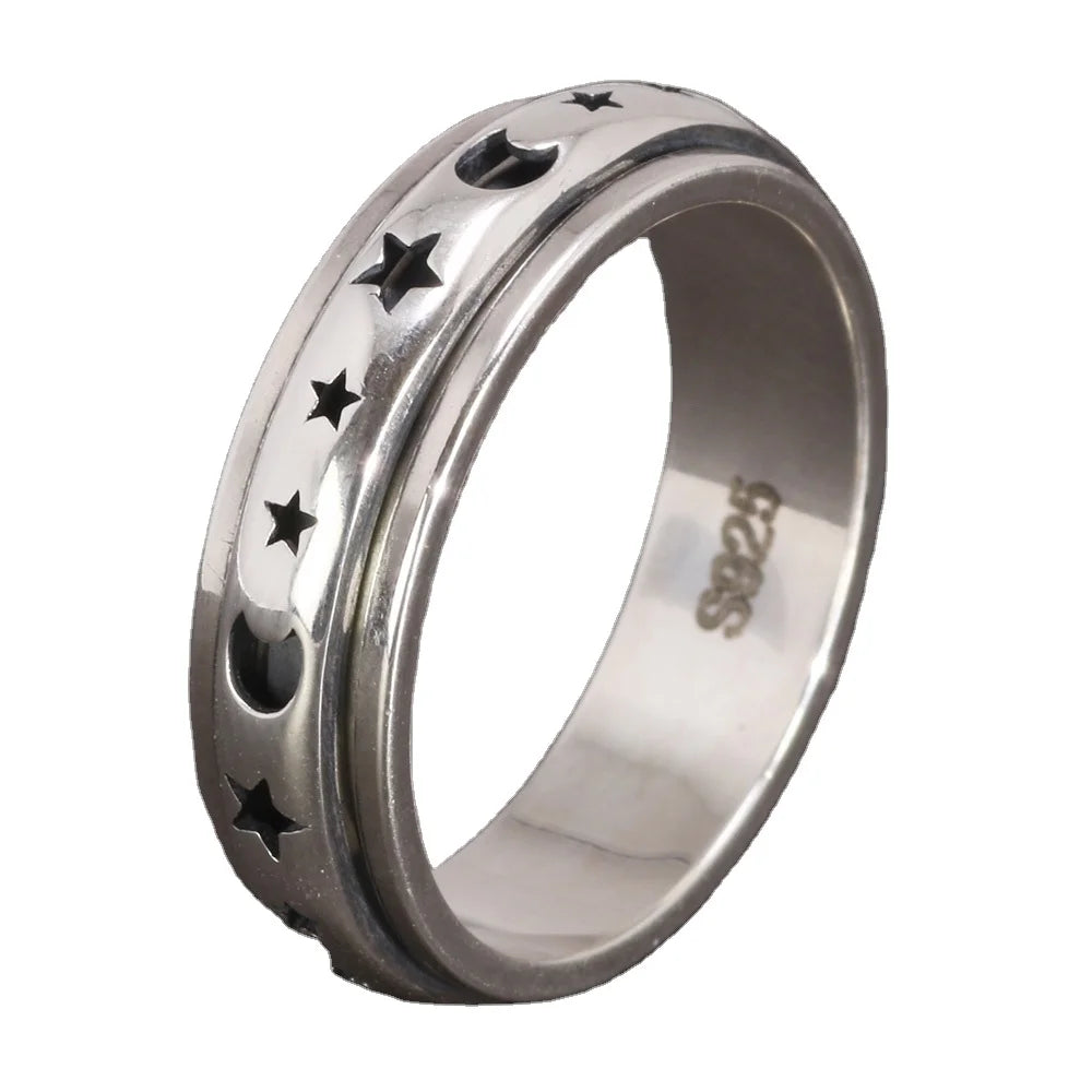 Real 925 Sterling Silver Spinner Band Ring Moon Star Celtic Stress Relieving Anxiety Ring Gifts for Men and Women