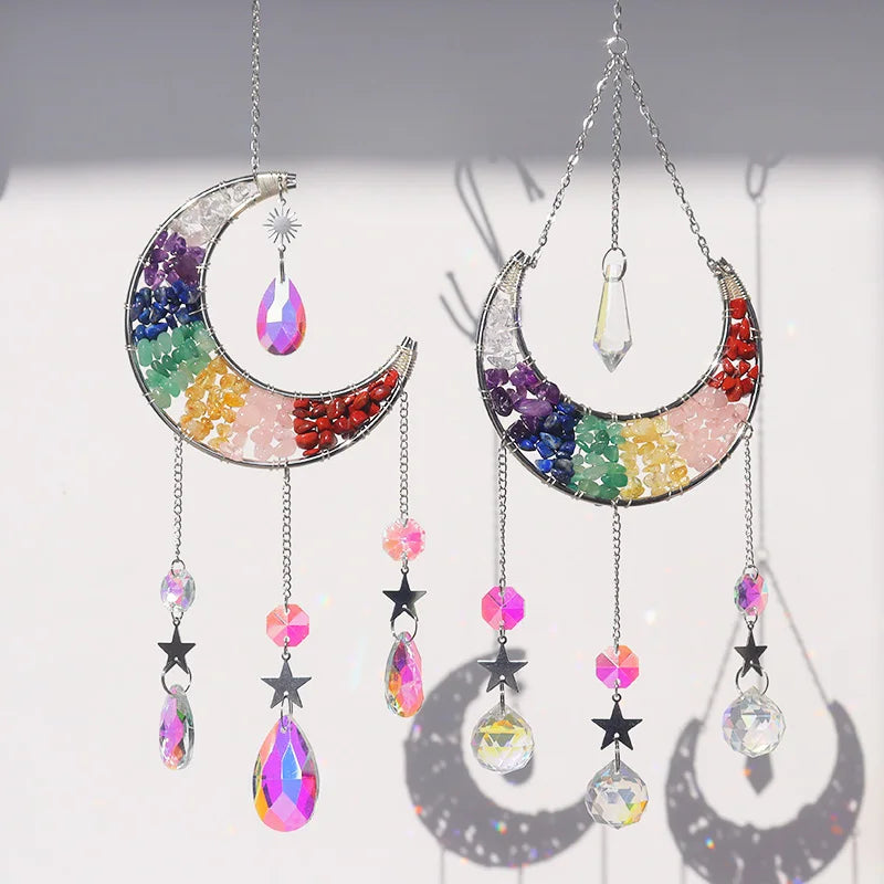 Wholesale High Quality Crystal Moon Suncatcher 7 Chakra Moon Suncatcher Wind Chime Crystal Suncatcher